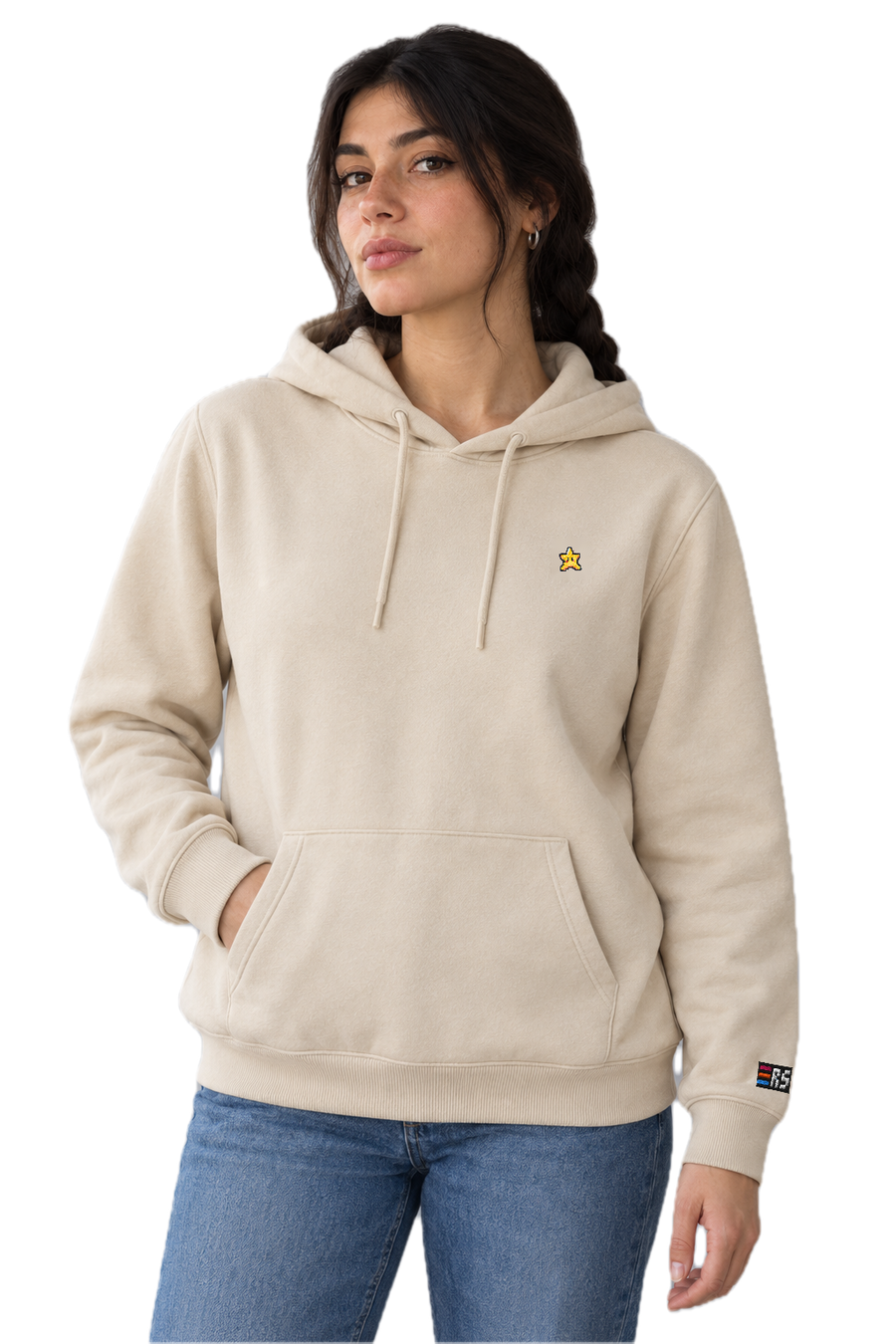 Pixel Stern – Bestickter Bio Hoodie · Beige · Model · Frau