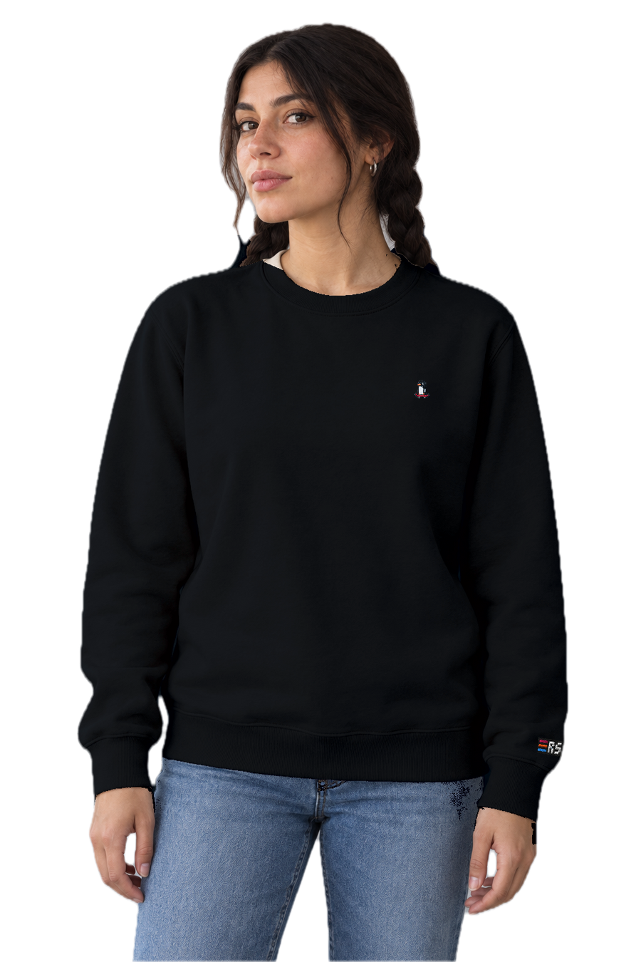Pixel Pinguin Mit Skateboard – Bestickter Bio Pullover · Schwarz · Model · Frau