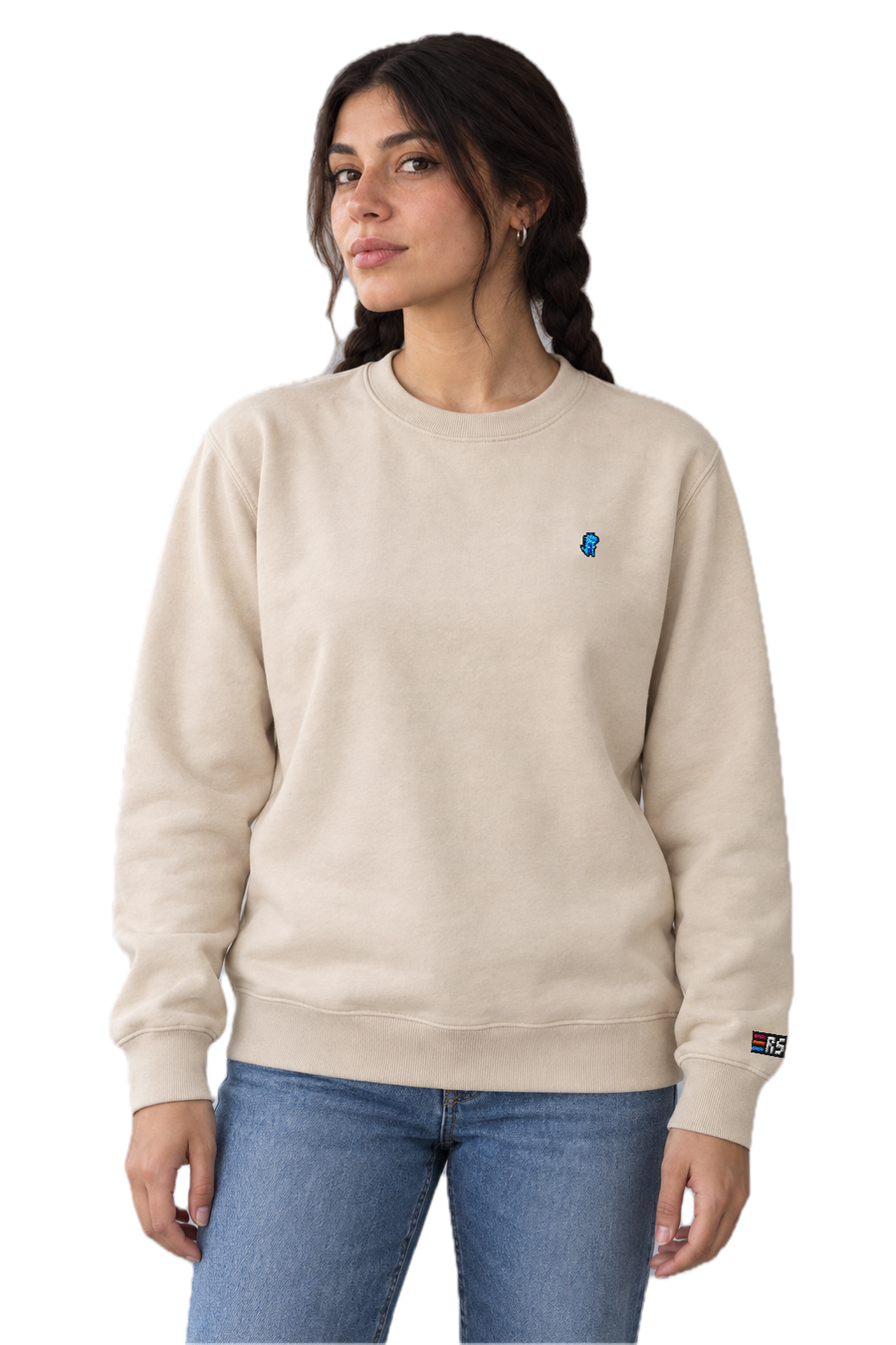 Pixel Dino Blau – Bestickter Bio Pullover · Beige · Model · Frau