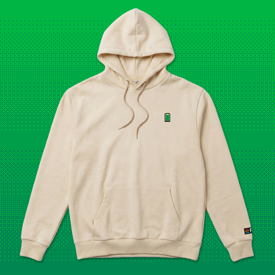 Pixel Batterie – Bestickter Bio Hoodie Beige
