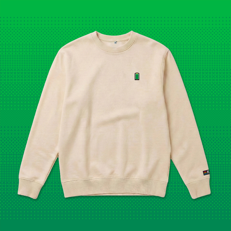 Pixel Batterie – Bestickter Bio Pullover Beige