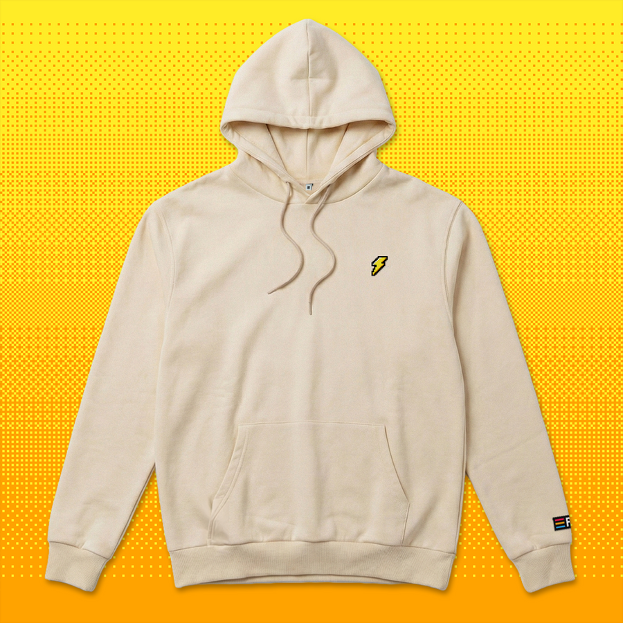 Pixel Blitz – Bestickter Bio Hoodie Beige