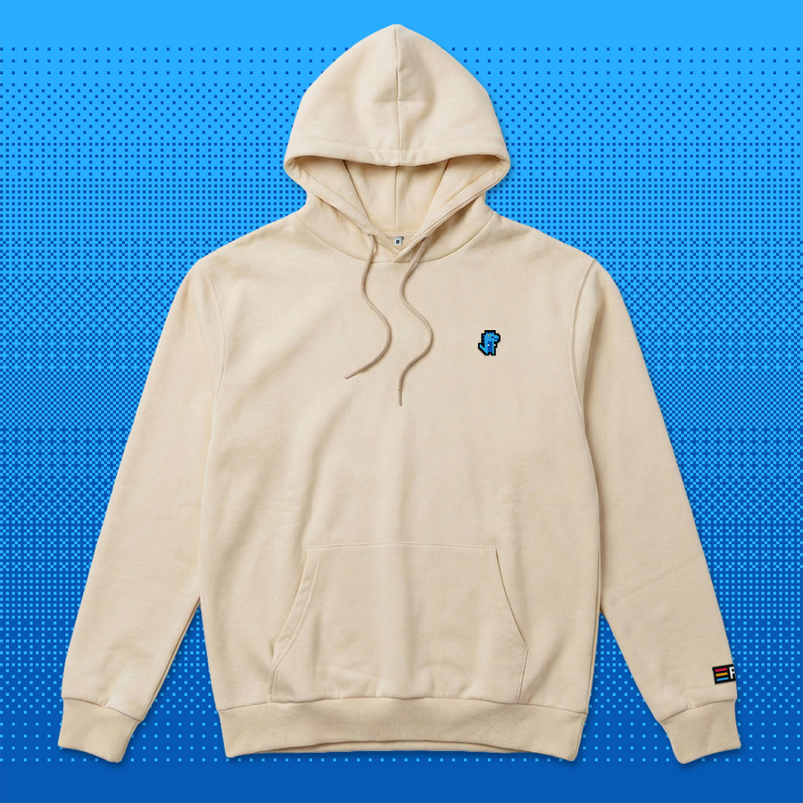 Pixel Dino Blau – Bestickter Bio Hoodie