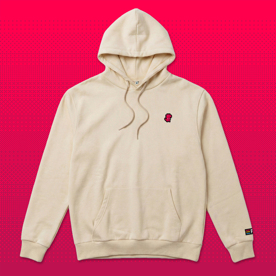 Pixel Dino Rot – Bestickter Bio Hoodie