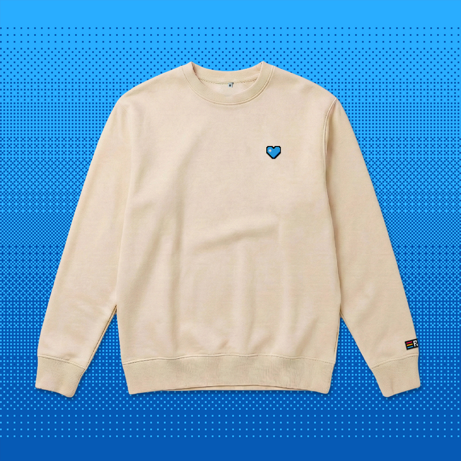 Pixel Herz Blau – Bestickter Bio Pullover