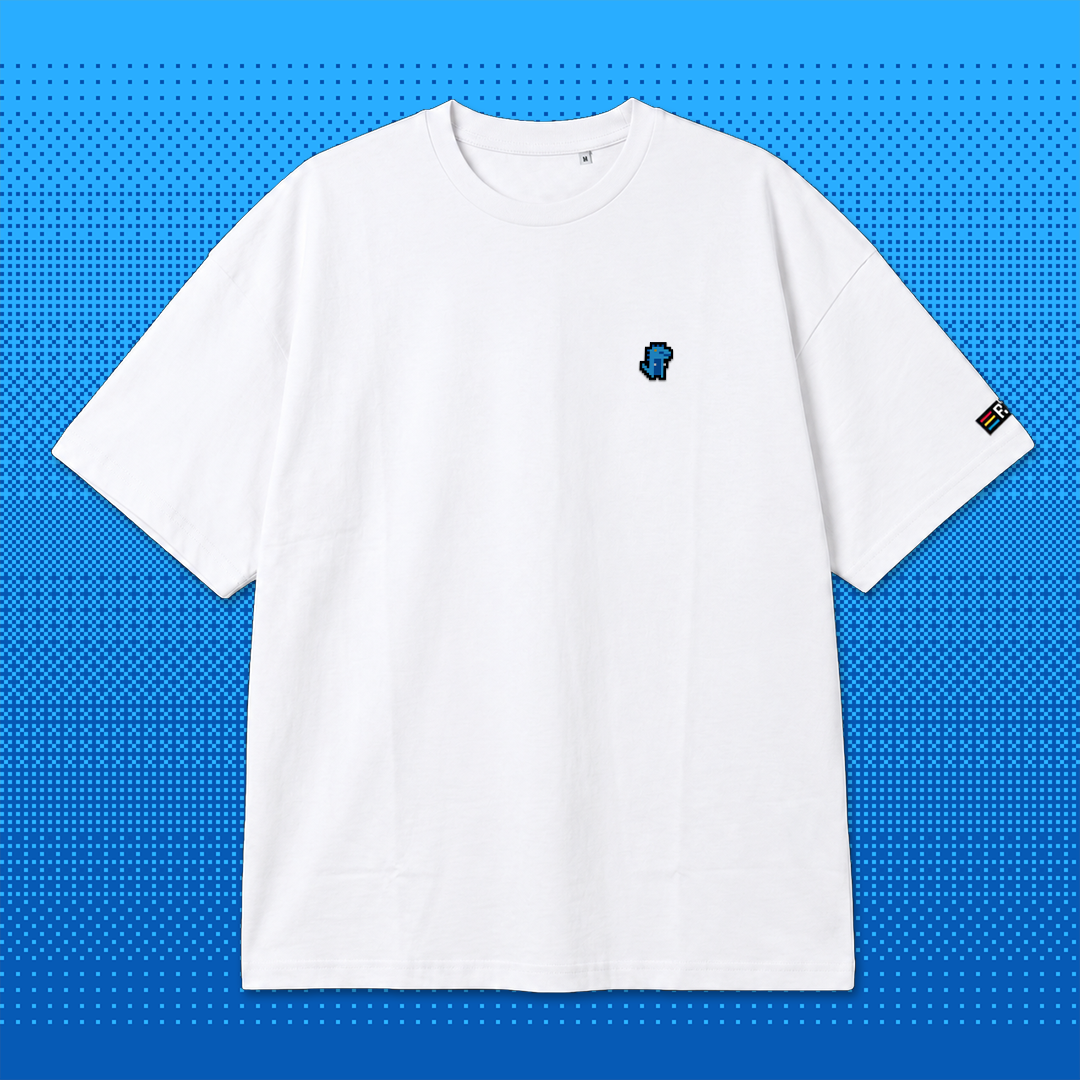 Pixel Dino Blau – Besticktes Bio Oversized T-Shirt // No. 023