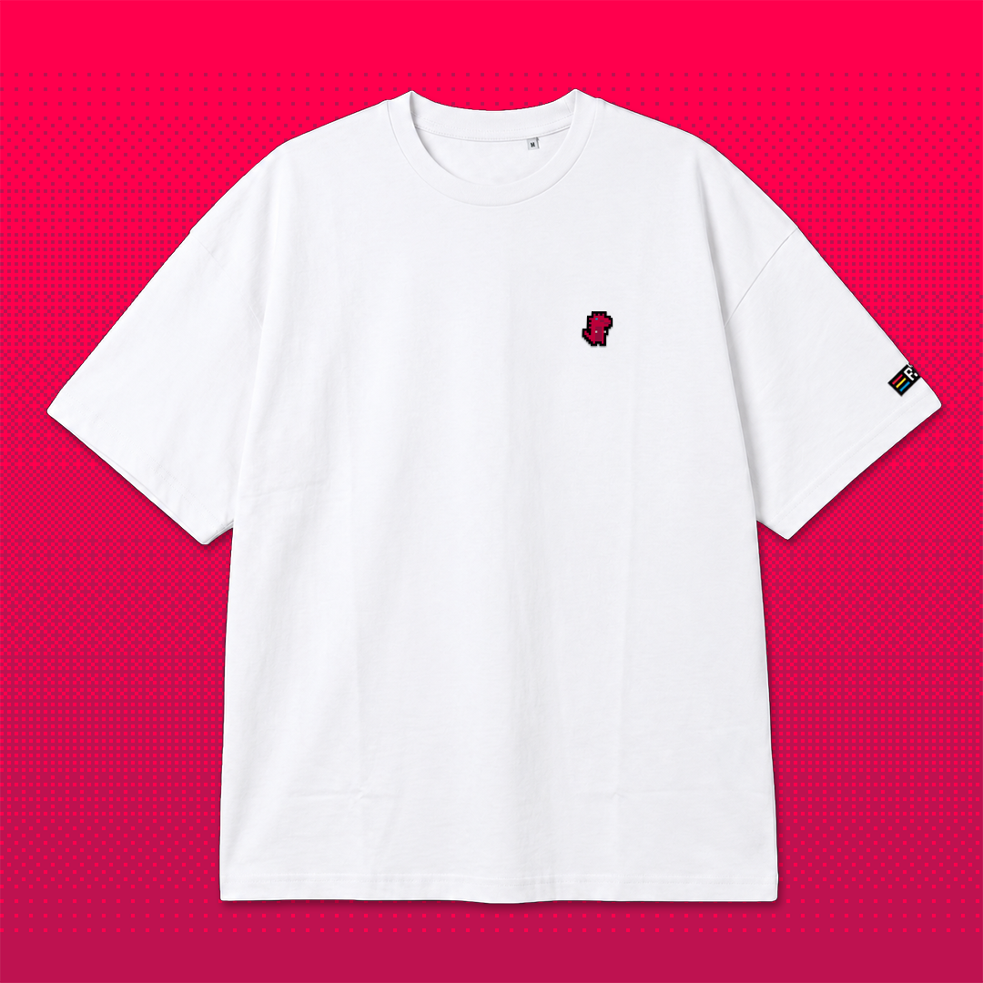 Pixel Dino Rot – Besticktes Bio Oversized T-Shirt // No. 023
