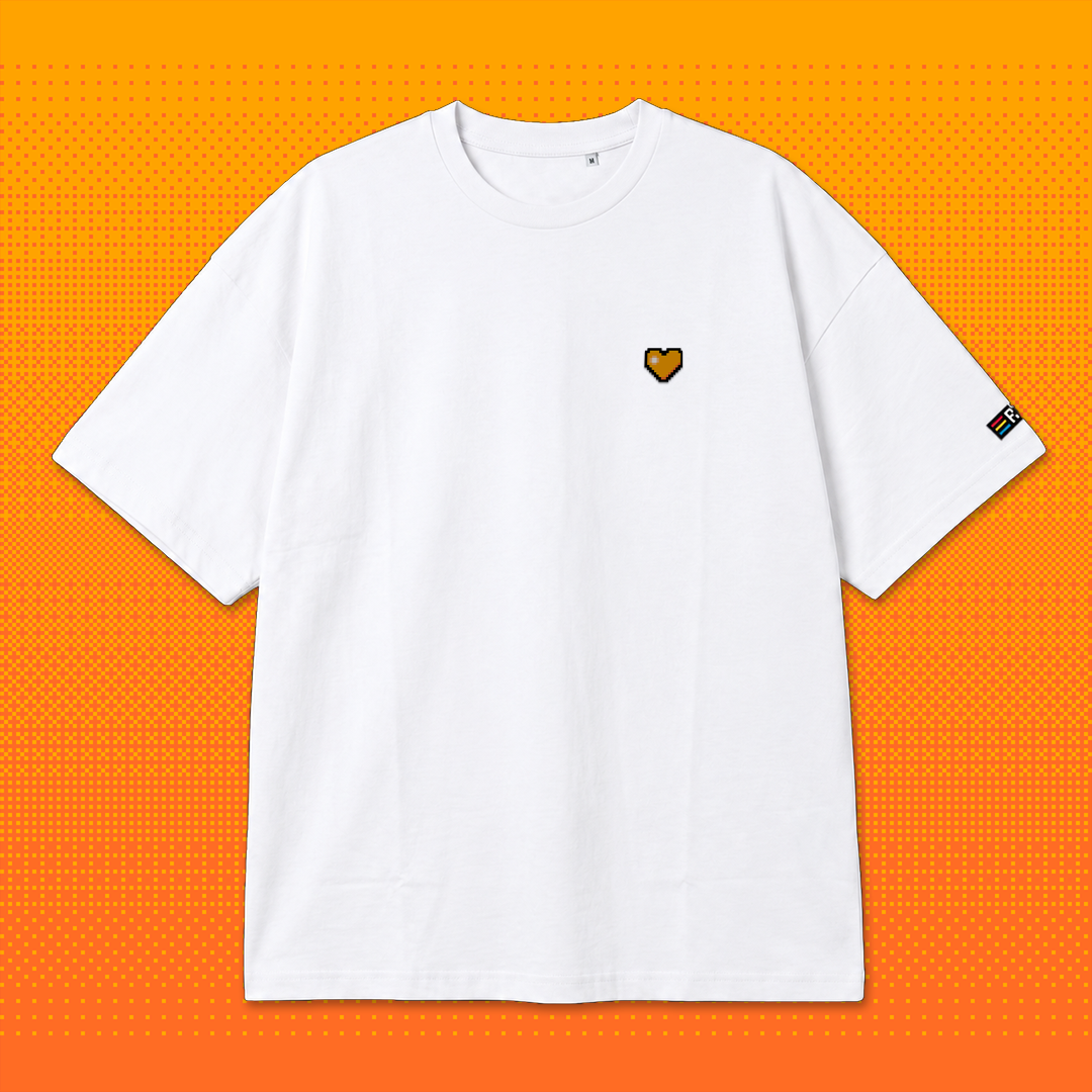 Pixel Herz Orange – Besticktes Bio Oversized T-Shirt // No. 005