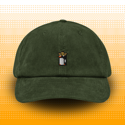 Pixel Penguin with Cowboy Hat – Embroidered Corduroy Cap // No. 013 