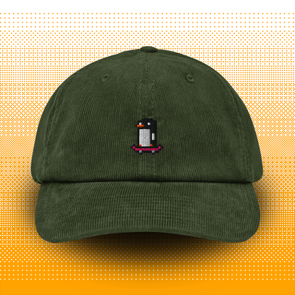 Pixel Penguin with Skateboard – Embroidered Corduroy Cap // No. 013 