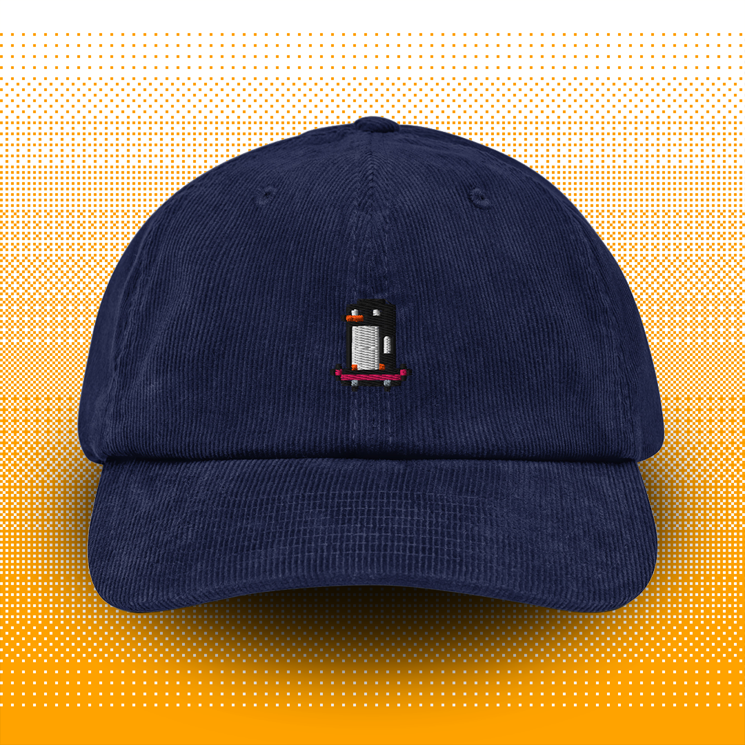 Pixel Penguin with Skateboard – Embroidered Corduroy Cap // No. 013 