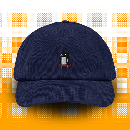 Pixel Penguin with Skateboard – Embroidered Corduroy Cap // No. 013 
