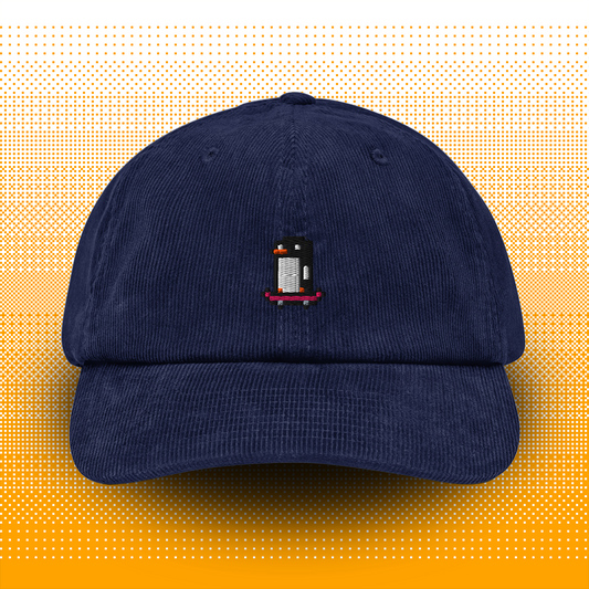 Pixel Penguin with Skateboard – Embroidered Corduroy Cap // No. 013 