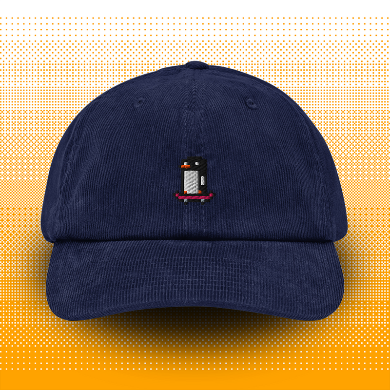 Pixel Pinguin Mit Skateboard – Bestickte Cord Cap // No. 013