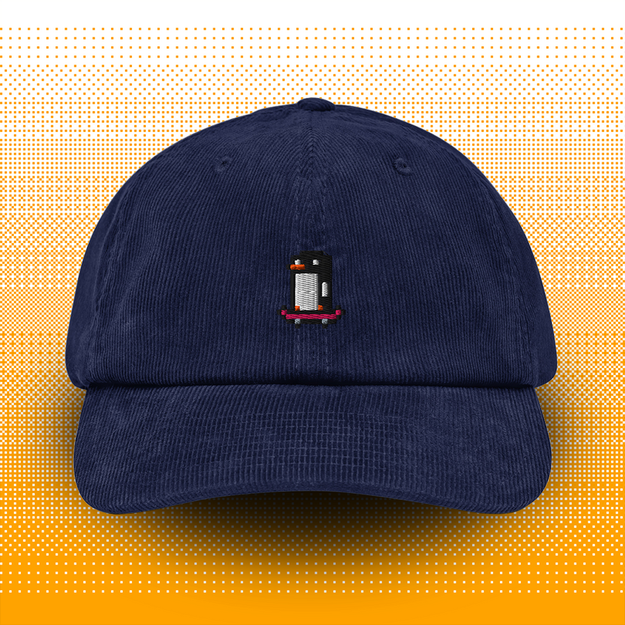Pixel Pinguin Mit Skateboard – Bestickte Cord Cap // No. 013