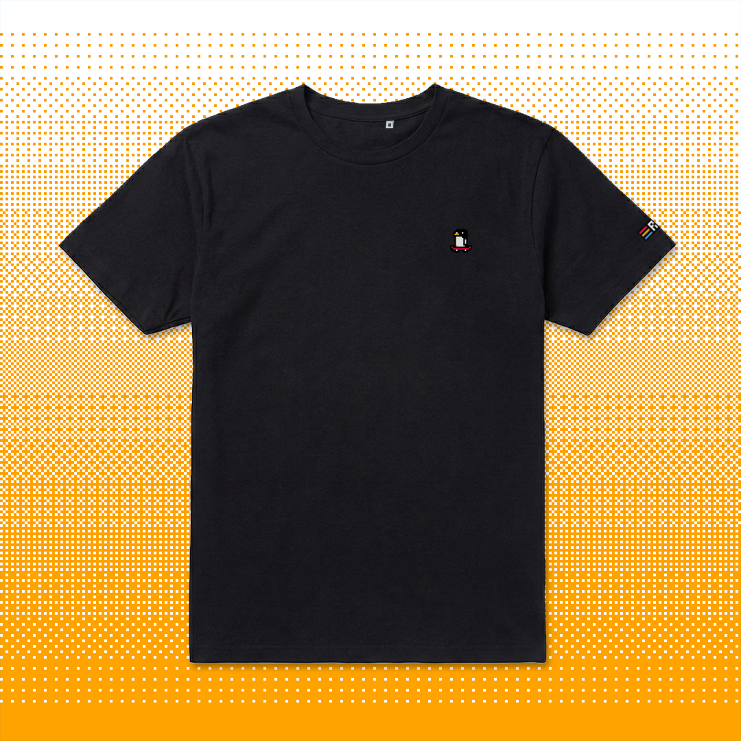 Pixel Penguin with Skateboard – Embroidered Organic T-Shirt // No. 013 