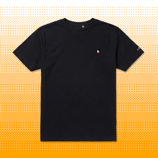 Pixel Penguin with Skateboard – Embroidered Organic T-Shirt // No. 013 