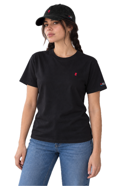 Pixel Dino Rot – Bestickte Cord Cap · Schwarz · Model Frau