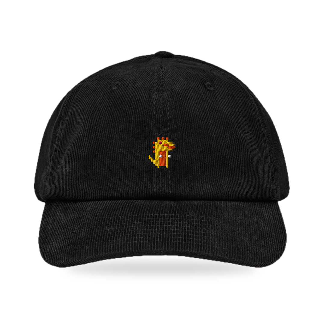 Pixel Dino Orange – Bestickte Cord Cap · Schwarz · front