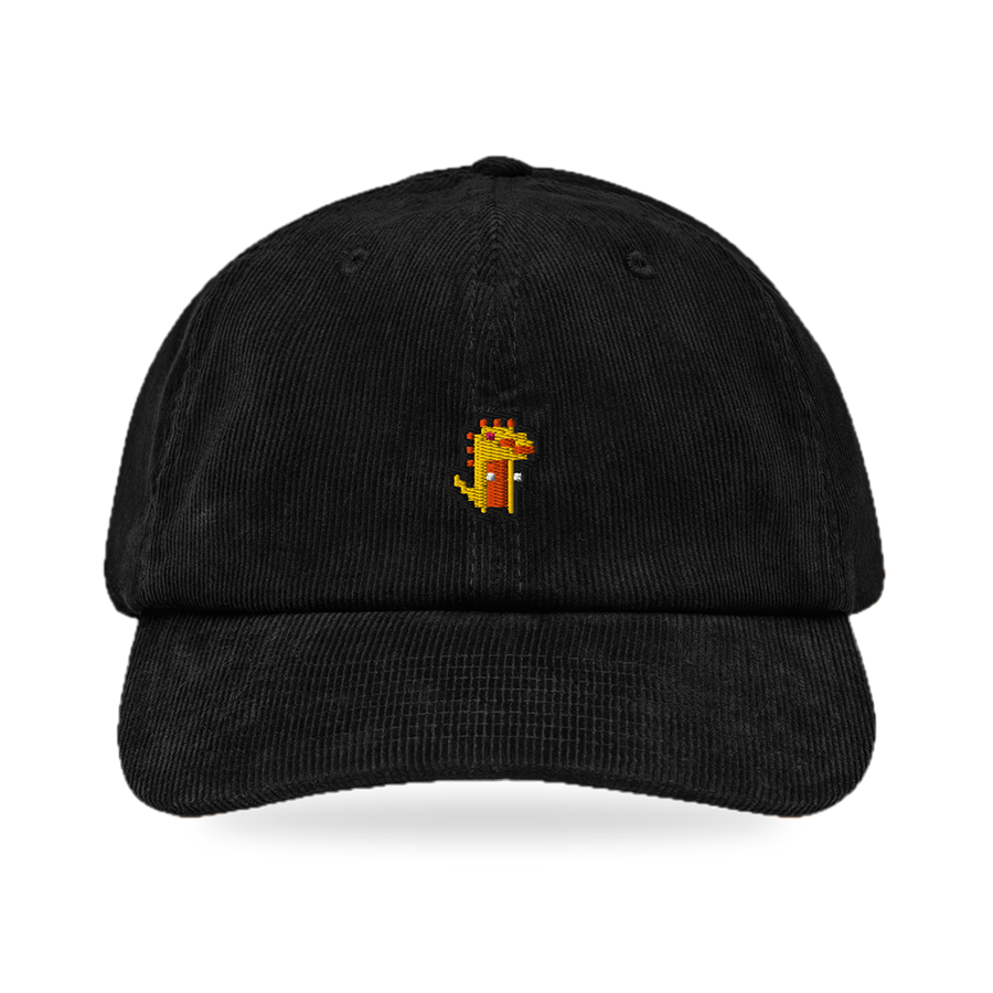 Pixel Dino Orange – Bestickte Cord Cap · Schwarz · front