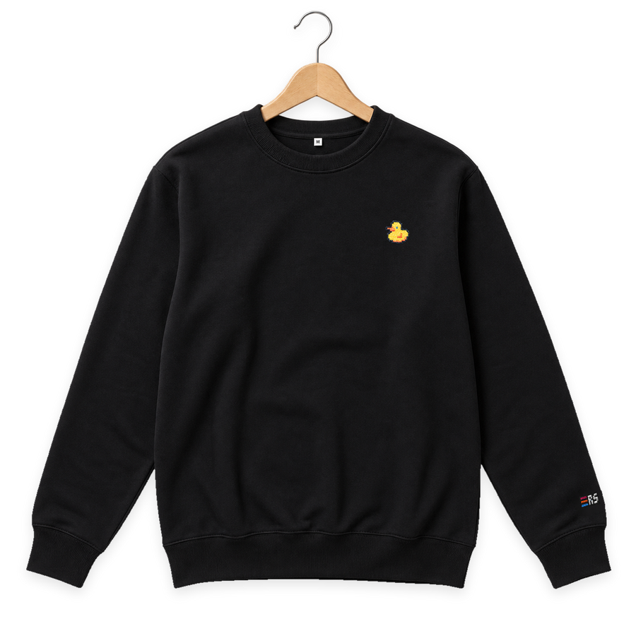 Pixel Ente – Bestickter Bio Pullover · Schwarz · Bügel A