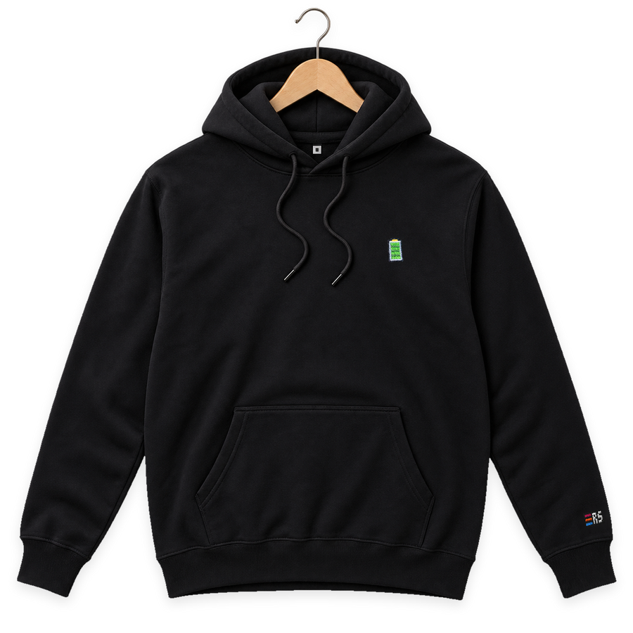 Pixel Batterie – Bestickter Bio Hoodie Schwarz · Schwarz · Bügel A