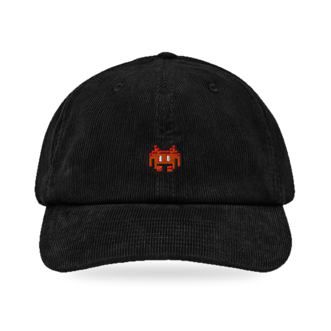 Pixel Alien Orange – Bestickte Cord Cap · Schwarz · front