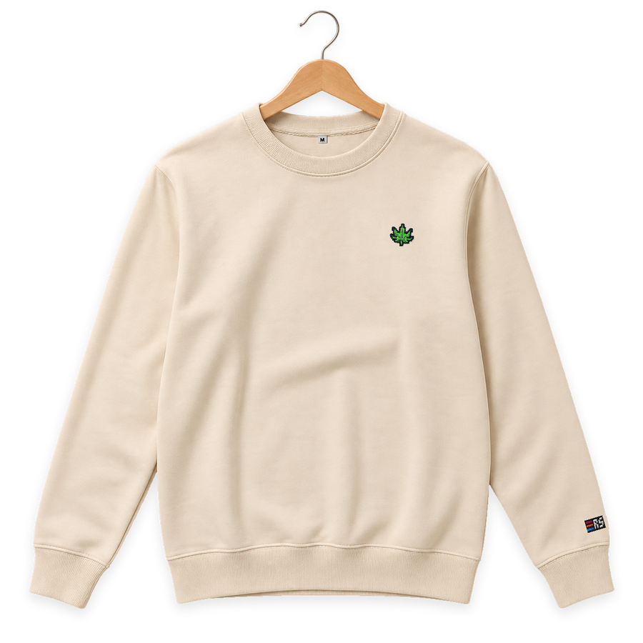Pixel Cannabis – Bestickter Bio Pullover · Beige · Bügel A
