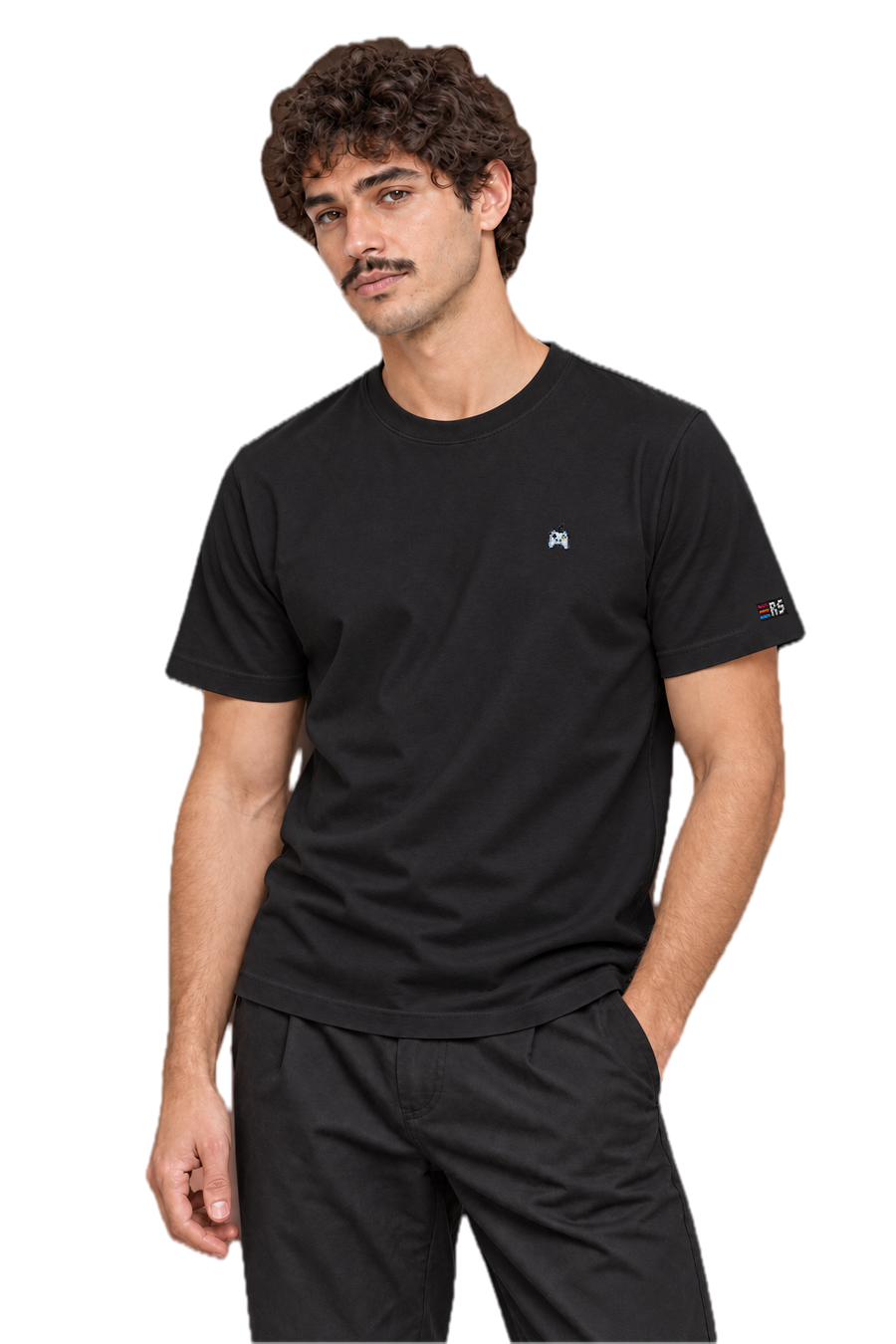 Pixel Gamepad – Besticktes Bio T-Shirt · Schwarz · Model · Mann