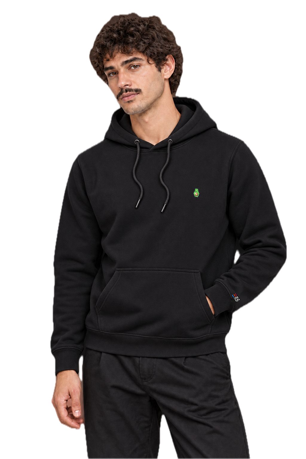 Pixel Avocado – Bestickter Bio Hoodie · Schwarz · Model · Mann