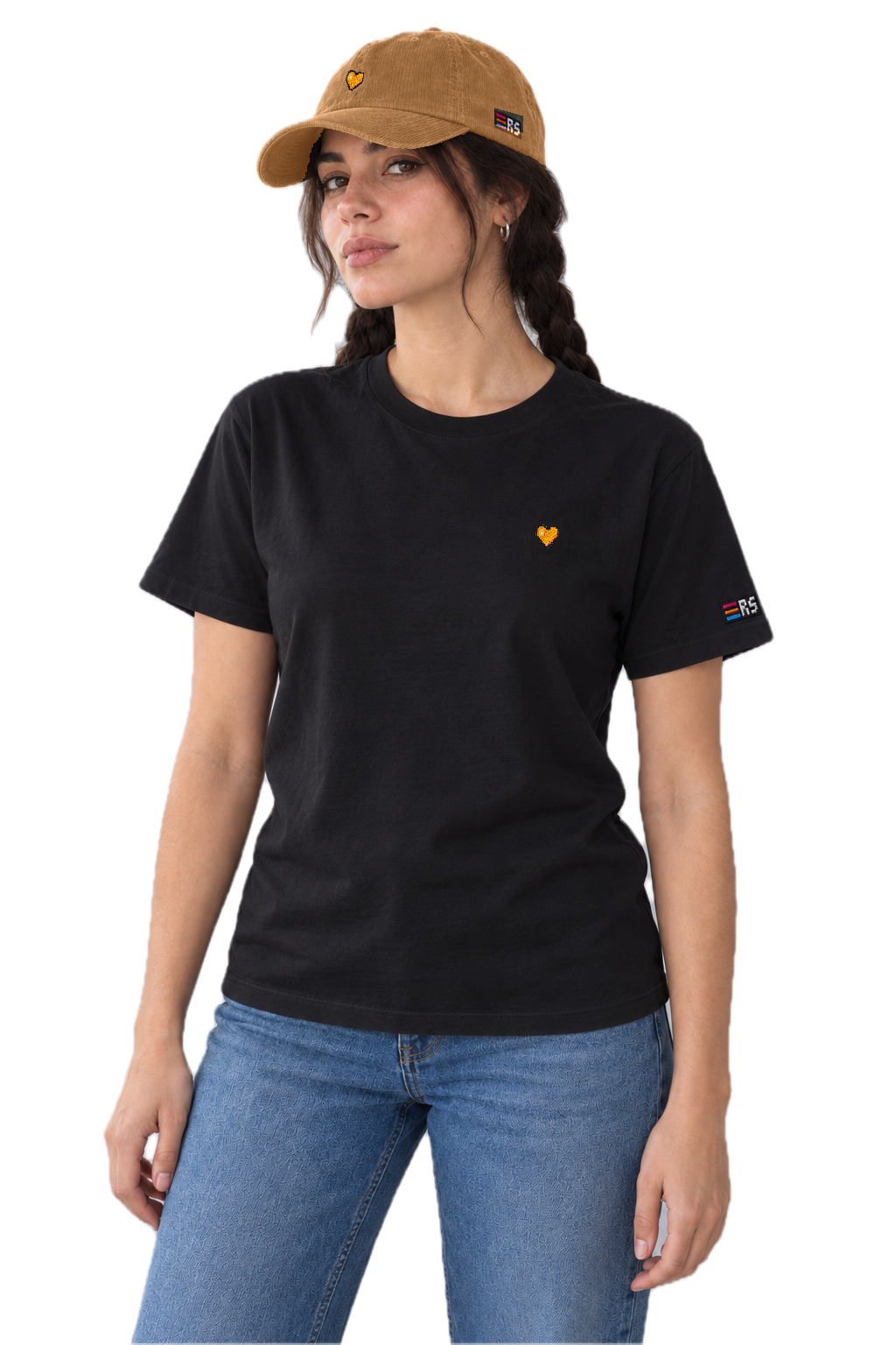 Pixel Herz Orange – Bestickte Cord Cap · Braun · Model Frau