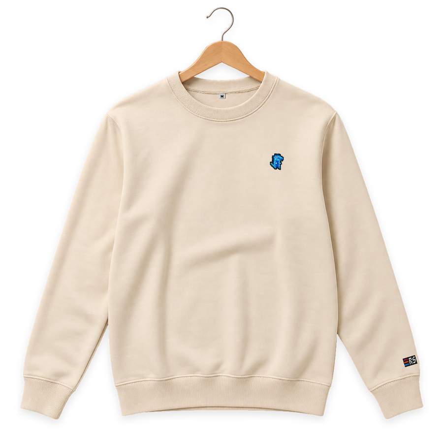 Pixel Dino Blau – Bestickter Bio Pullover · Beige · Bügel A