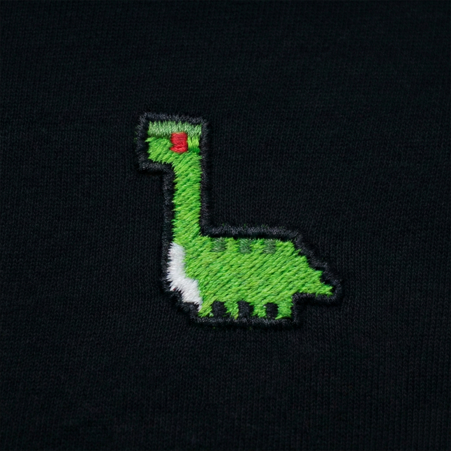 Pixel Dino – Bestickter Bio Pullover · Schwarz · Stick-Close-up