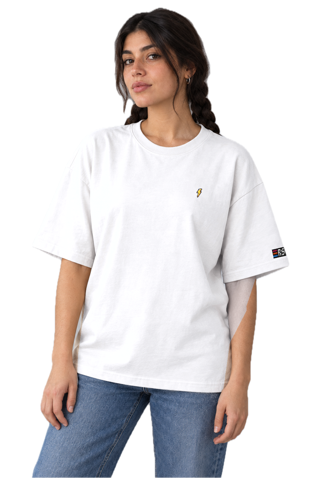 Pixel Blitz – Besticktes Bio Oversized T-Shirt · Weiß · Model · Frau
