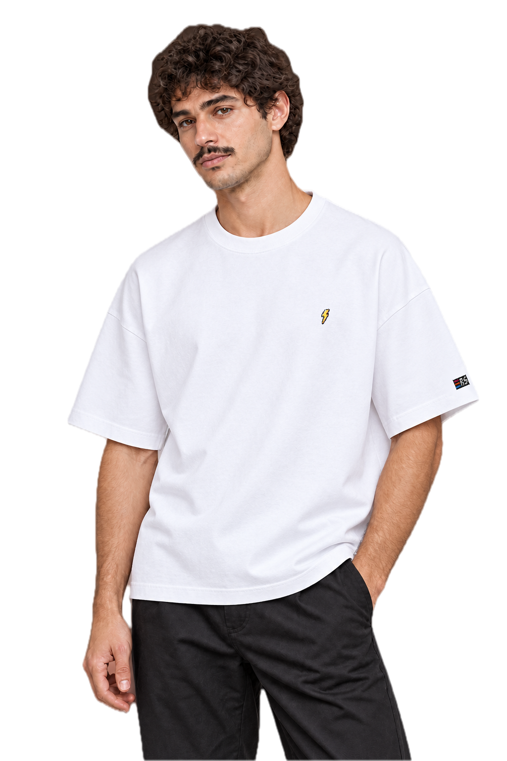 Pixel Blitz – Besticktes Bio Oversized T-Shirt · Weiß · Model · Mann