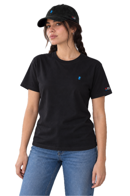 Pixel Dino Blau – Bestickte Cord Cap · Schwarz · Model Frau