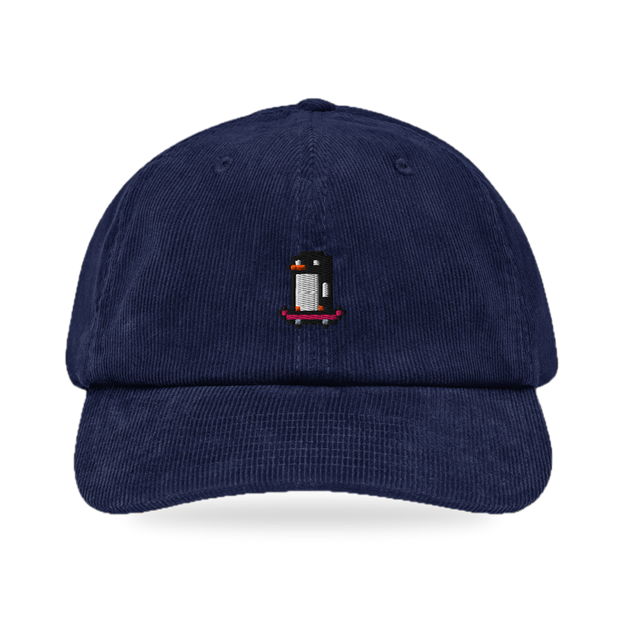 Pixel Pinguin Mit Skateboard – Bestickte Cord Cap · Blau · front