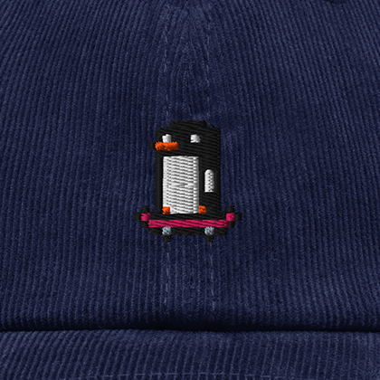 Pixel Pinguin Mit Skateboard – Bestickte Cord Cap · Blau · Stick