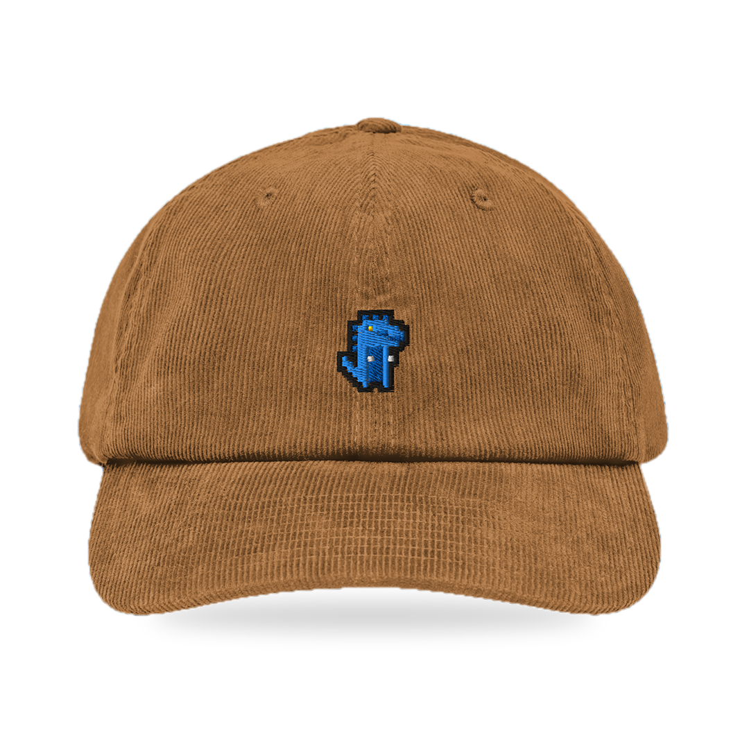 Pixel Dino Blau – Bestickte Cord Cap · Braun · front