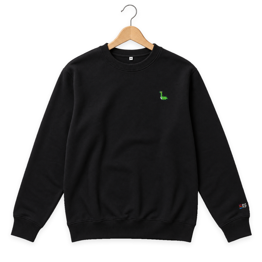 Pixel Dino – Bestickter Bio Pullover · Schwarz · Bügel A