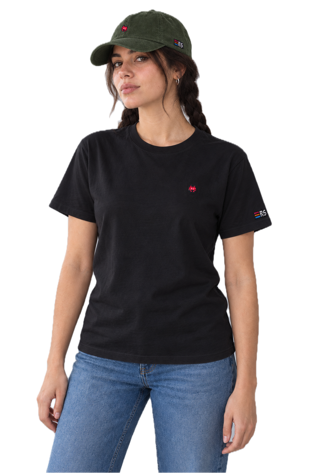 Pixel Alien Rot – Bestickte Cord Cap · Grün · Model Frau