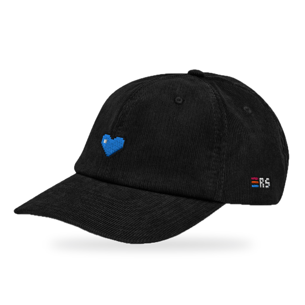 Pixel Herz Blau – Bestickte Cord Cap · Schwarz · three_quarter