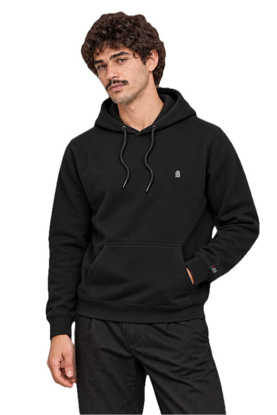 Pixel Geist – Bestickter Bio Hoodie · Schwarz · Model · Mann
