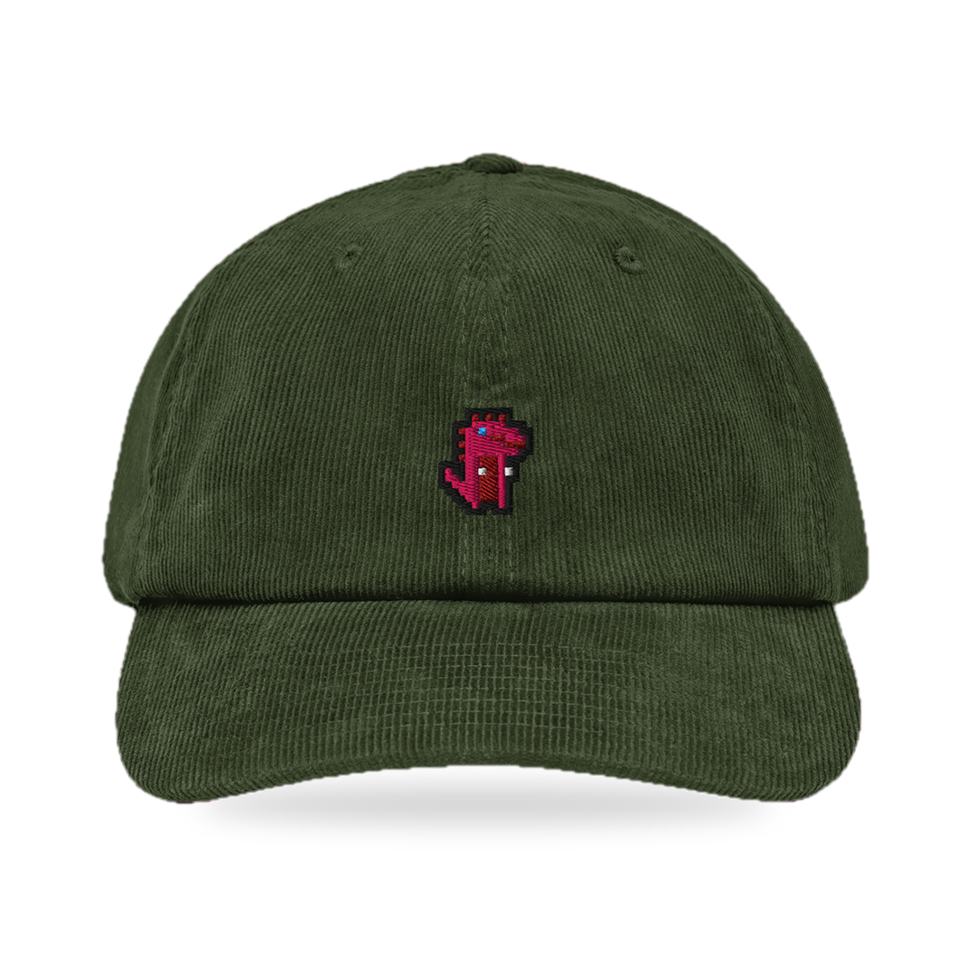Pixel Dino Rot – Bestickte Cord Cap · Grün · front