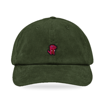 Pixel Dino Rot – Bestickte Cord Cap · Grün · front