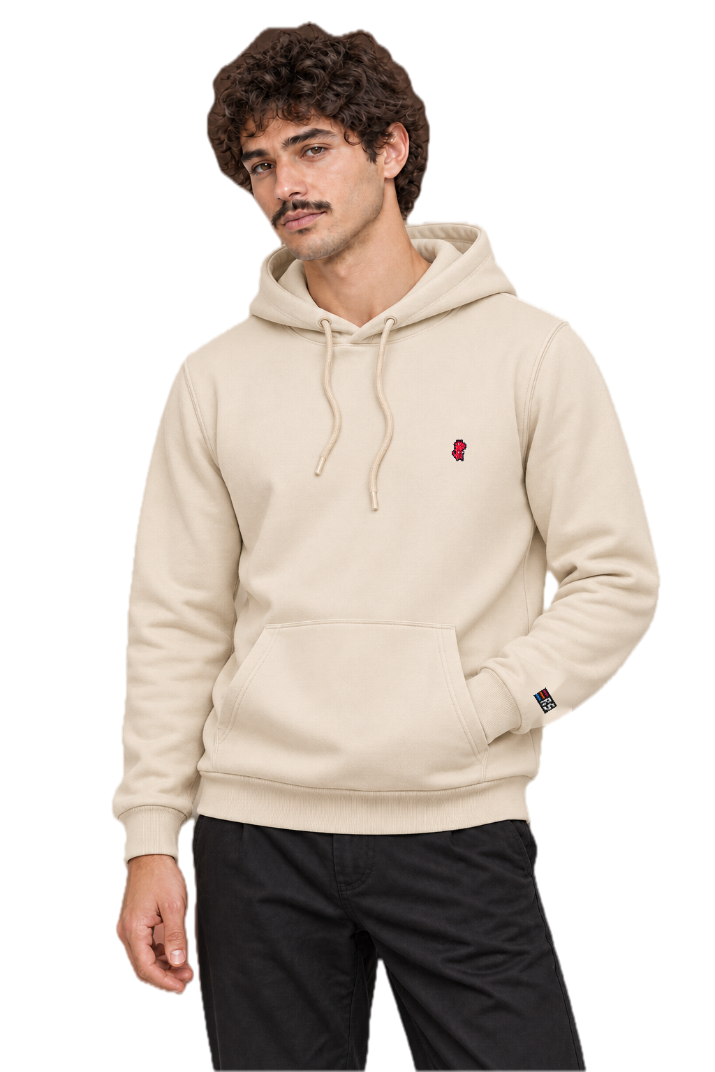 Pixel Dino Rot – Bestickter Bio Hoodie · Beige · Model · Mann
