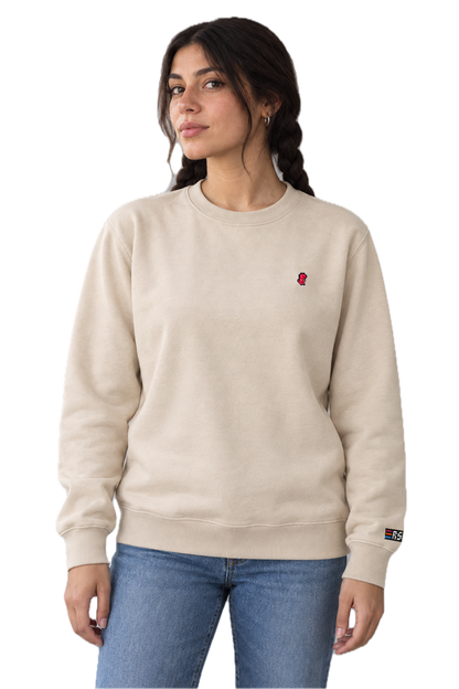 Pixel Dino Rot – Bestickter Bio Pullover · Beige · Model · Frau