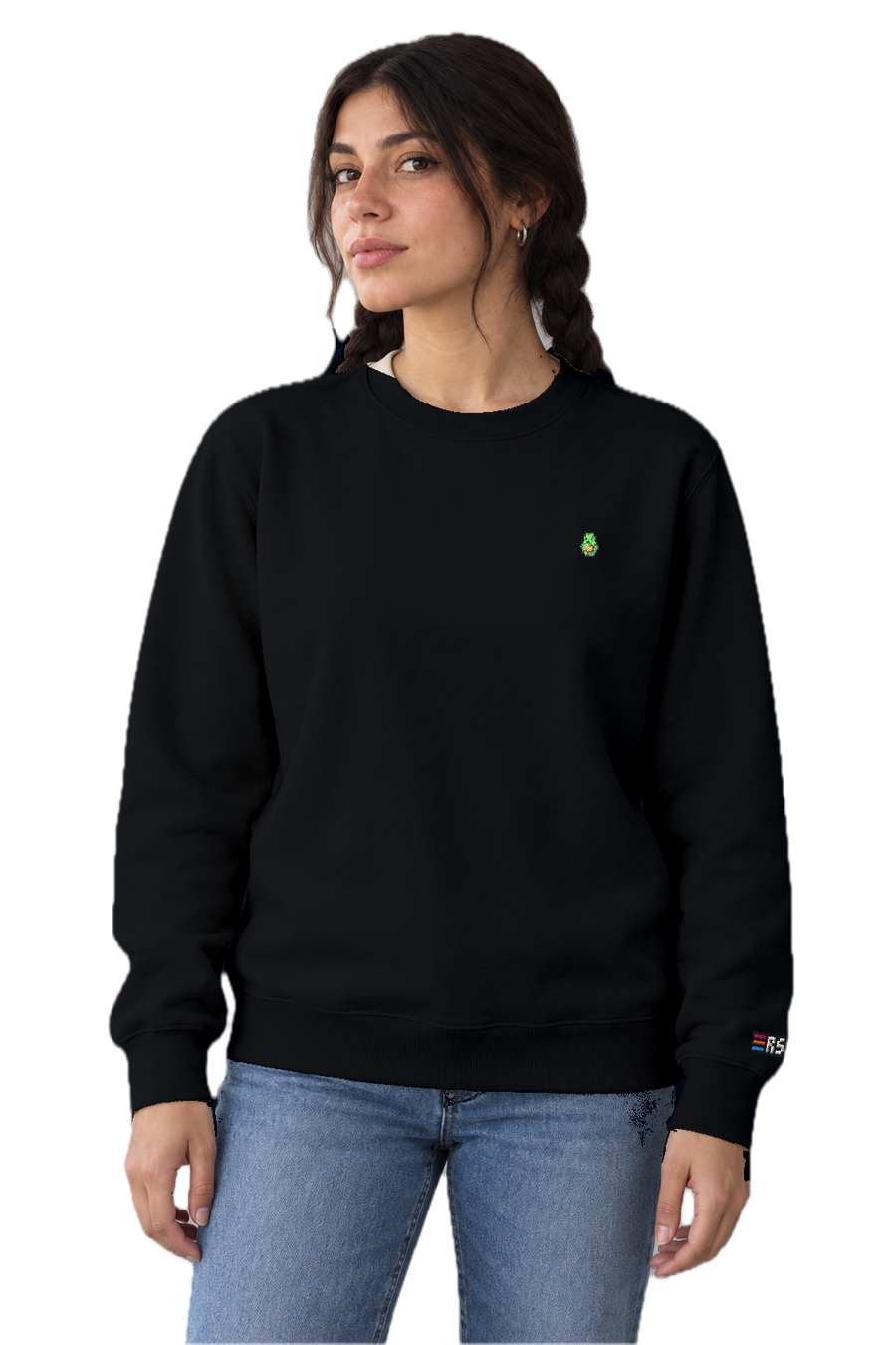 Pixel Avocado – Bestickter Bio Pullover · Schwarz · Model · Frau