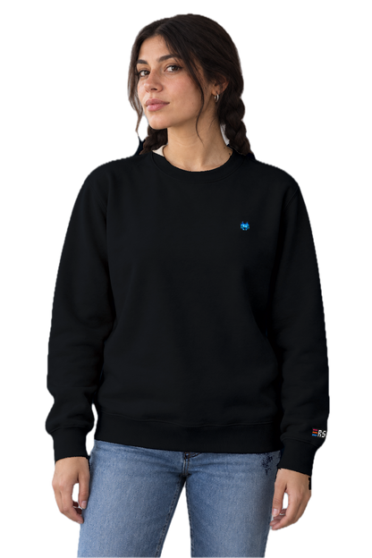 Pixel Alien Blau – Bestickter Bio Pullover · Schwarz · Model · Frau