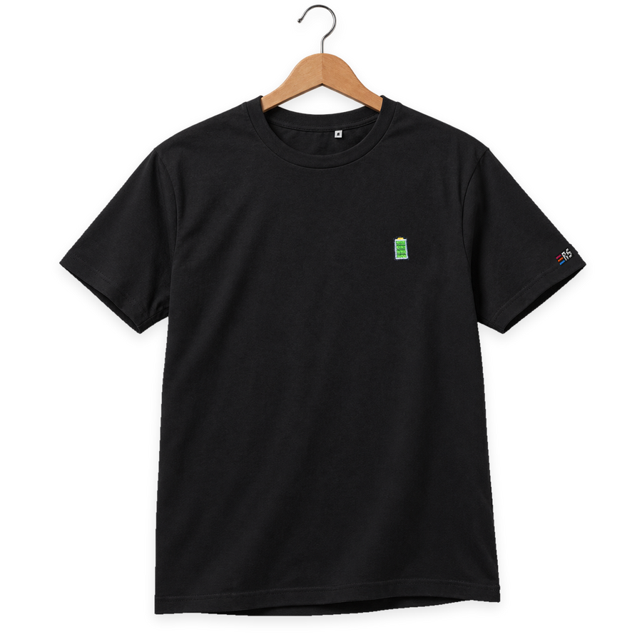 Pixel Batterie – Besticktes Bio T-Shirt Schwarz · Standard · Bügel A